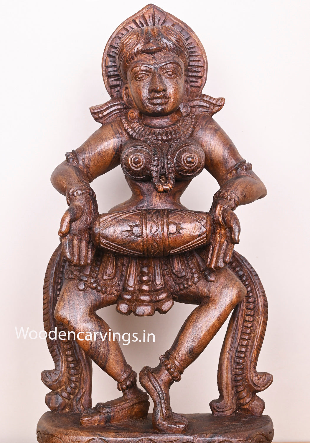 Amazing Art Work of Apsara Holding Dholak Decorative Wooden Wax Brown Finishing Sculpture 19"