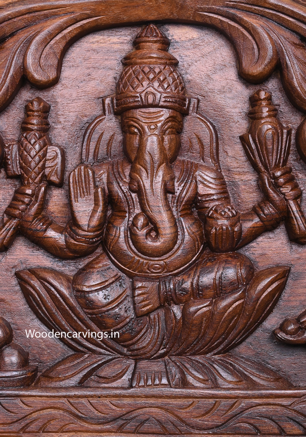 New Light Weight Collection of Lord Ganesh Entrance Decor Wooden Wax Brown Hooks Fixed Wall Mount 12"