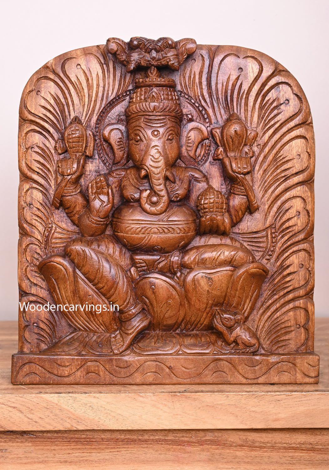 Arch Petal Leaf Design Lord Ganesh Holding Sweet ladoo Handamade Light Weight Home Decor Wall Mount 12"
