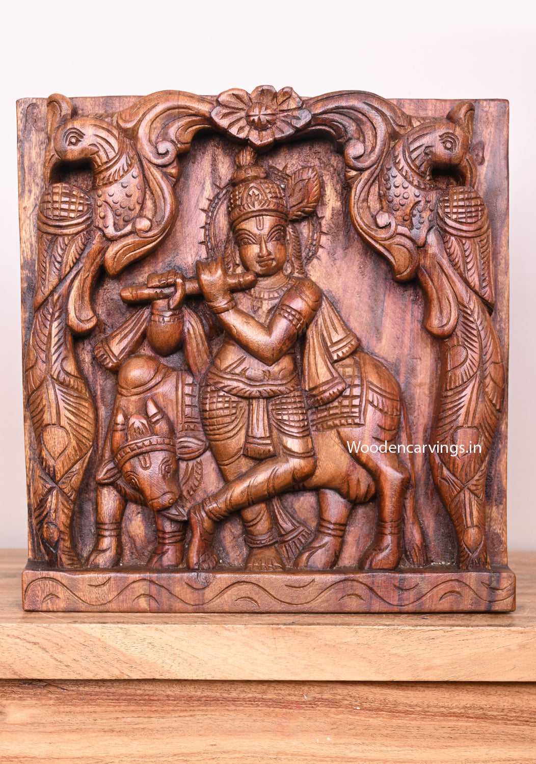 Square Wood handcrafted Lord Krishna Standing With Cow Peacock Designed Wax Brown Wall Mount 12.5"