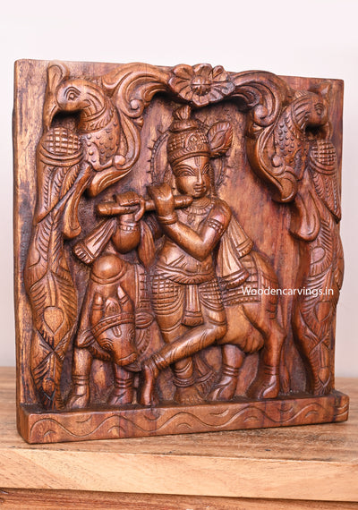Square Wood handcrafted Lord Krishna Standing With Cow Peacock Designed Wax Brown Wall Mount 12.5"