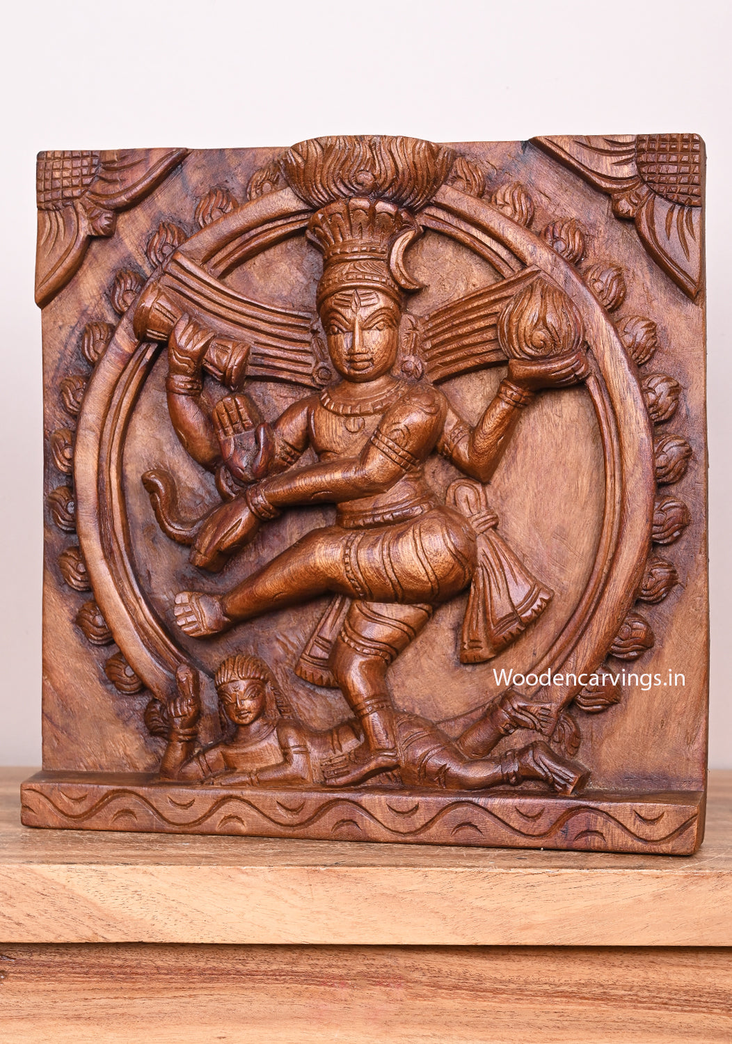 Lord of Dancers Lord Shiva Nataraja Thandava Murthi Square Shape Wooden Hooks Fixed Wall Mount 12"