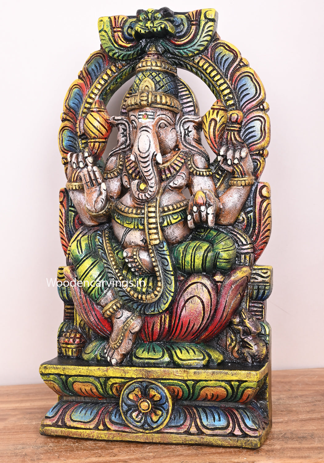 Arch of Attractive Auspicious Ganapathy on Colourful Lotus Wooden Pooja Decor Sculpture 18.5"