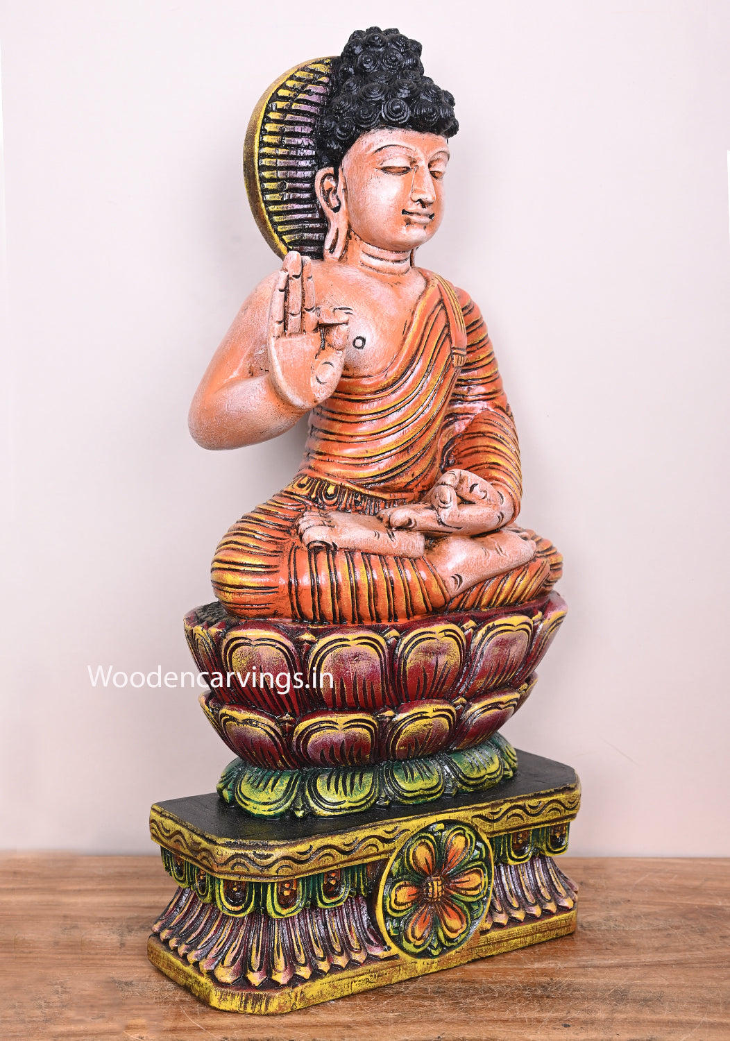 Colourful Gauthama Buddhar Blessing Brown Lotus Handcrafted Wooden Home Decor Sculpture 25"