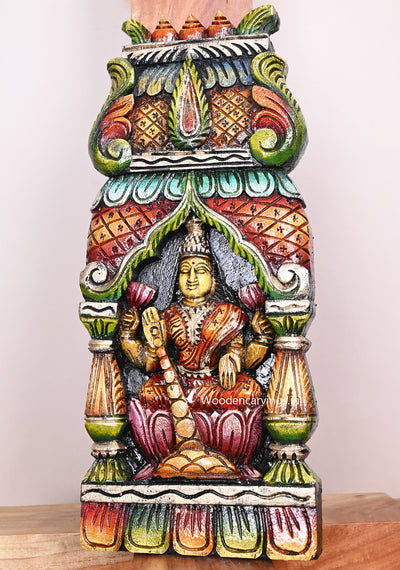 Multicoloured MahaLakshmi Goddess Seated on Pink Lotus Wooden Handmade Pillar Design Kavadi Wall Mount 18"