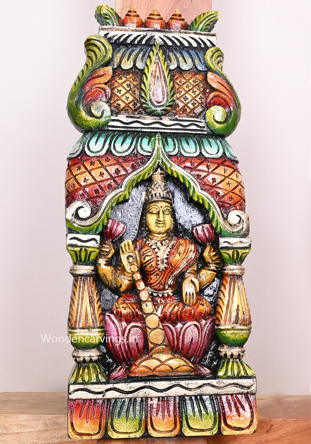 Multicoloured MahaLakshmi Goddess Seated on Pink Lotus Wooden Handmade Pillar Design Kavadi Wall Mount 18"
