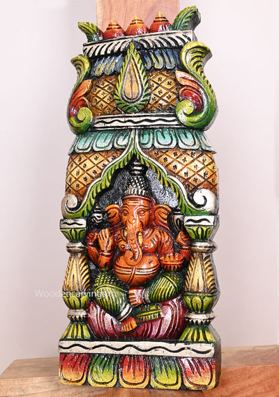 Red Ganapathy on Pink Lotus Realistic Gopuram With Pillar Design Multicoloured Wooden Wall Mount 18"