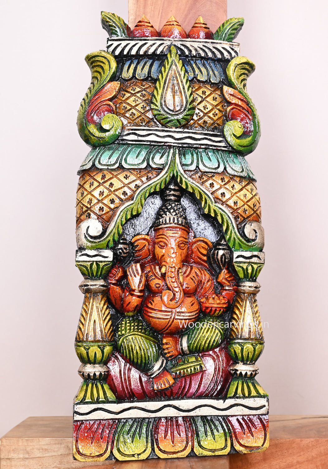 Red Ganapathy on Pink Lotus Realistic Gopuram With Pillar Design Multicoloured Wooden Wall Mount 18"