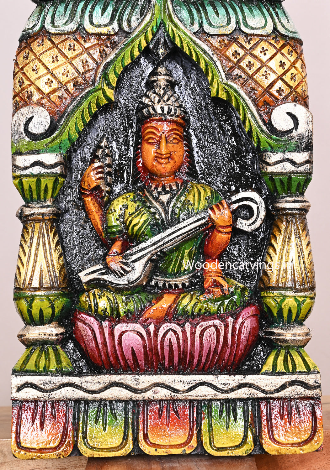 Greenish Goddess Saraswathi Seated on Pink Lotus Handmade Pillar Design Entrance Decor Wooden Wall Mount 18"