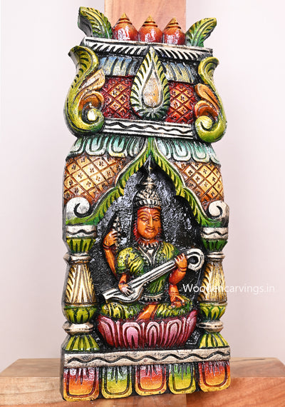 Greenish Goddess Saraswathi Seated on Pink Lotus Handmade Pillar Design Entrance Decor Wooden Wall Mount 18"