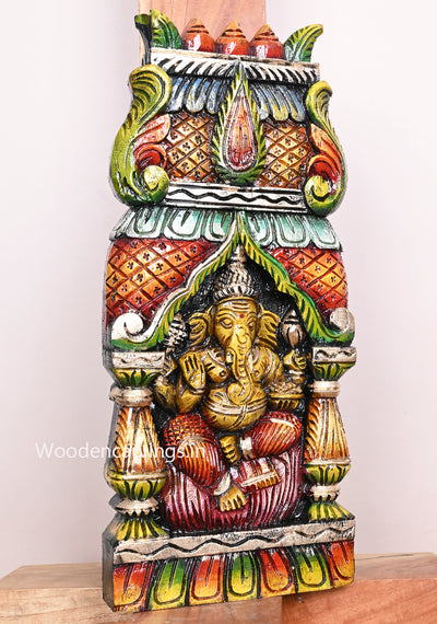 Colourful Murthi Ganesh Seated on Pink Lotus Pillar Design Handmade Wooden Wall Mount 18"