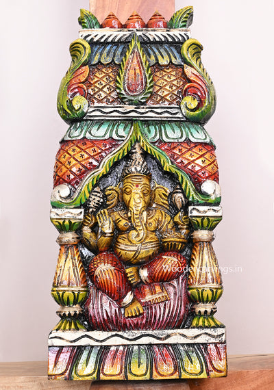 Colourful Murthi Ganesh Seated on Pink Lotus Pillar Design Handmade Wooden Wall Mount 18"