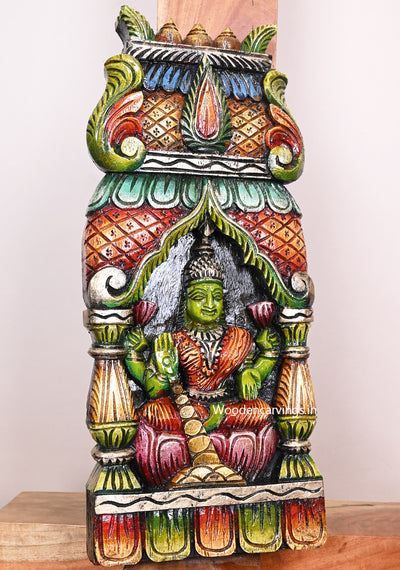 Green Gorgeous Goddess Maha Lakshmi Wooden Hooks Fixed Light Weight Holding Lotus Wall Mount 18"