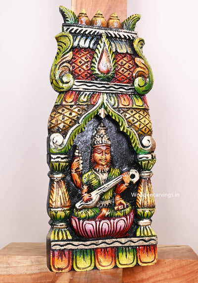 Kavadi of Goddess Saraswathi Holding Flower Garland and Books Multicolour Kavadi Wall Mount 18"