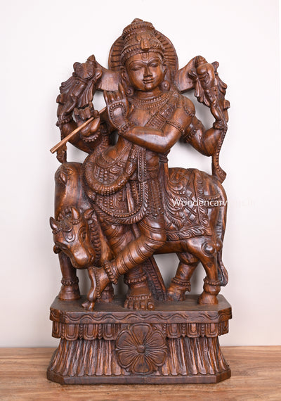 Shine Bright Lord Krishna Standing With Cow and Playing With Flute Handmade Wooden Wax Brown Sculpture 36"