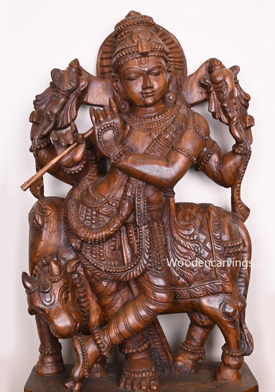 Shine Bright Lord Krishna Standing With Cow and Playing With Flute Handmade Wooden Wax Brown Sculpture 36"