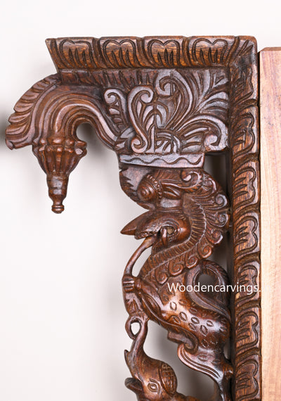Standing Ancient Animal Paired Yaazhi With Upraised Elephants Floral Kumizh and Hooks Fixed Wall Mount 29"