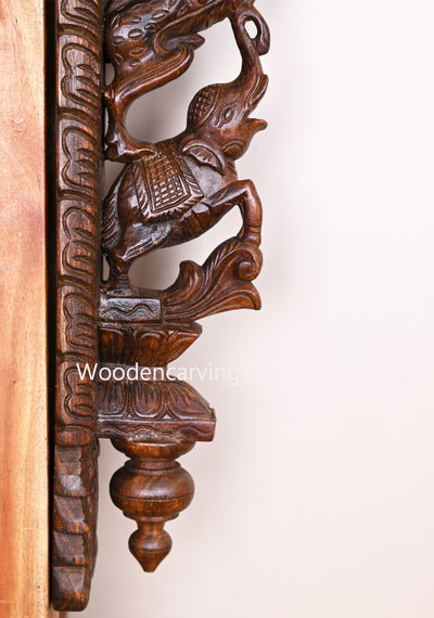 Standing Ancient Animal Paired Yaazhi With Upraised Elephants Floral Kumizh and Hooks Fixed Wall Mount 29"