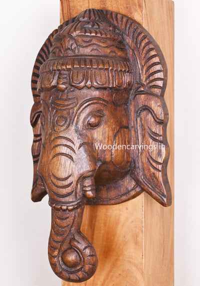 Wooden Lord Ganapathi Hooks Fixed Home and Entrance Decor Wax Brown Light Weight Mask 12"