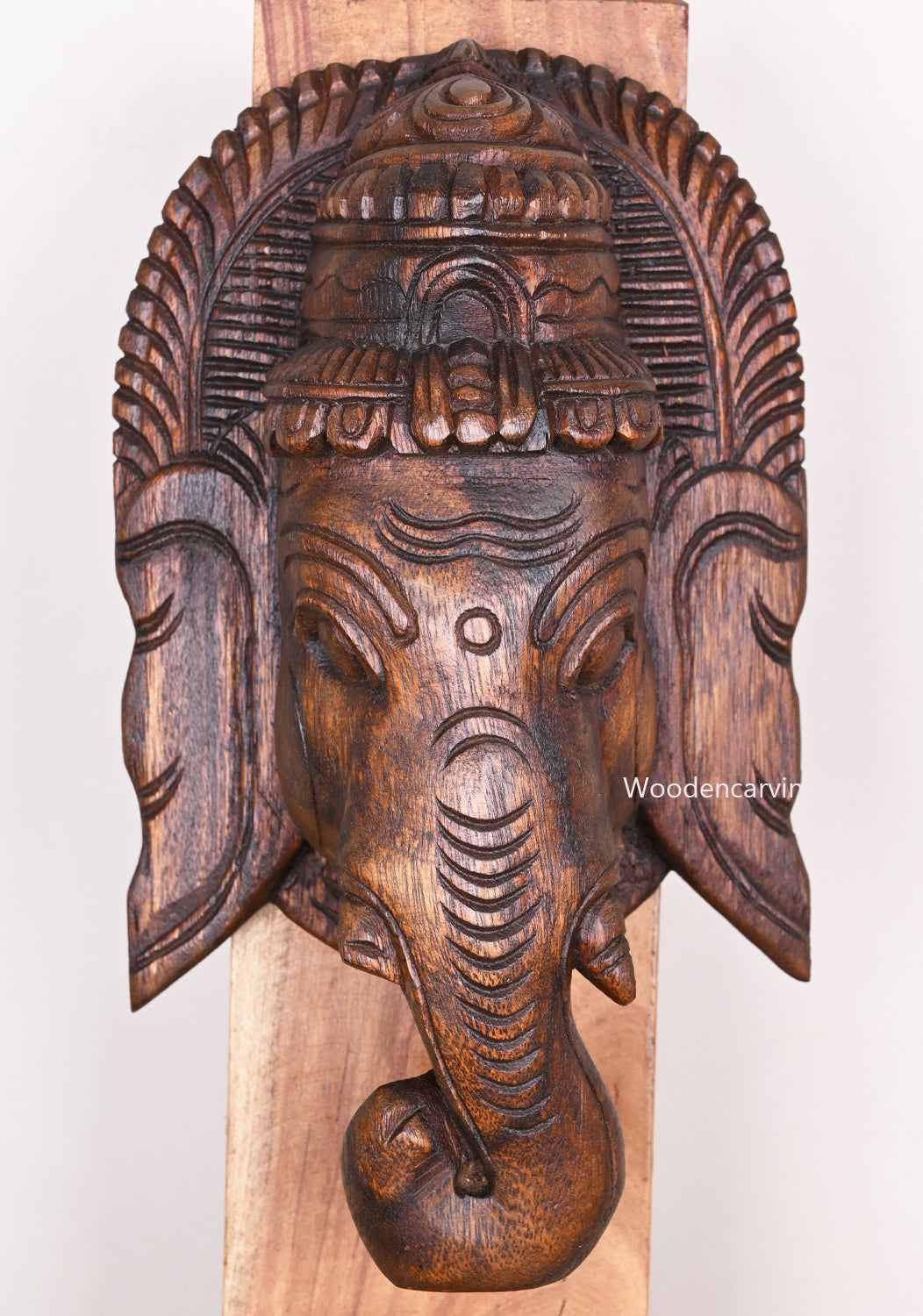 Wooden Maha Ganapathi Wax Brown Finishing Light Weight Mask For Your Home Entrance 12"