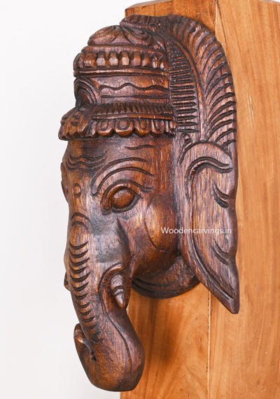 Wooden Maha Ganapathi Wax Brown Finishing Light Weight Mask For Your Home Entrance 12"