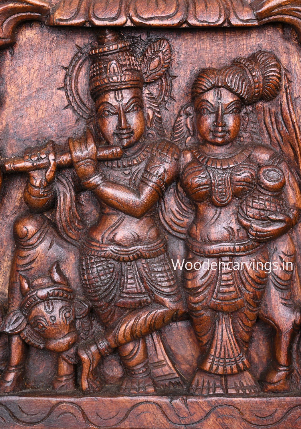 Floral Design Radha Krishna Square WaxBrown Hooks Fixed Wooden Decorative Wall Mount 12"