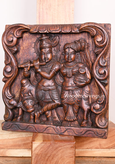 Floral Design Radha Krishna Square WaxBrown Hooks Fixed Wooden Decorative Wall Mount 12"