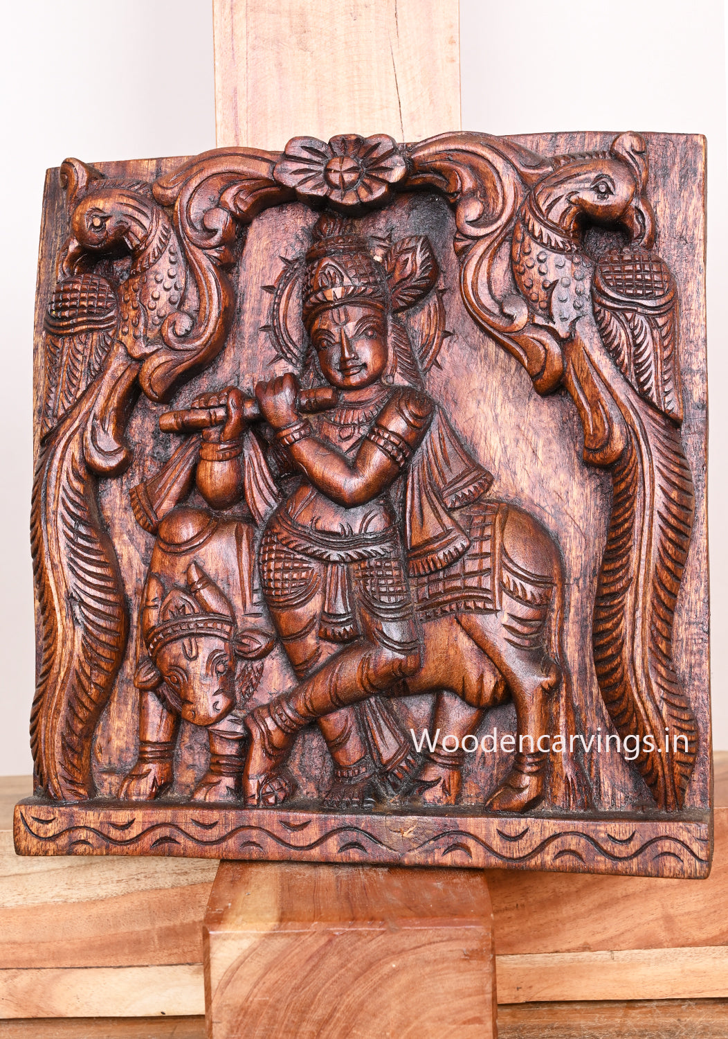 Standing Lord Krishna With Peacocks Playing With Flute and Cow Wax Brown Hooks Fixed Wooden Wall Mount 12"