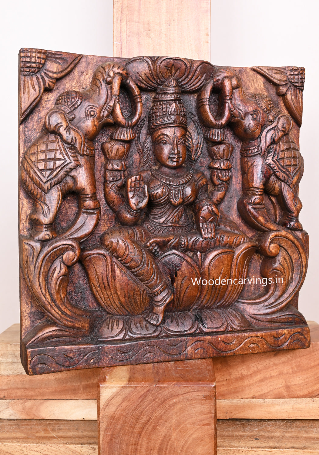 Detaily Carved Square Shape Goddess Gaja Lakshmi Wooden Wax Brown hooks Fixed Wall Mount 12.5"