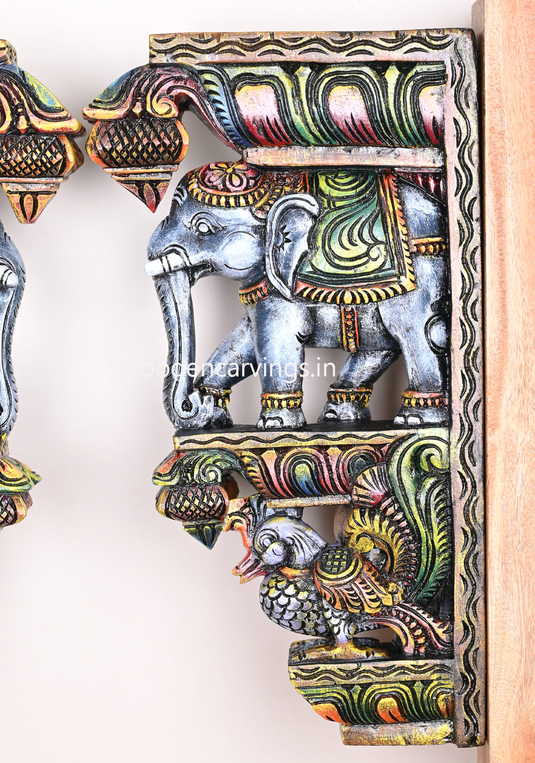 Realistic look Standing Grey Elephants with Hamsa (Annapakshi) Coloured Entrance Decor Wall Brackets 18"