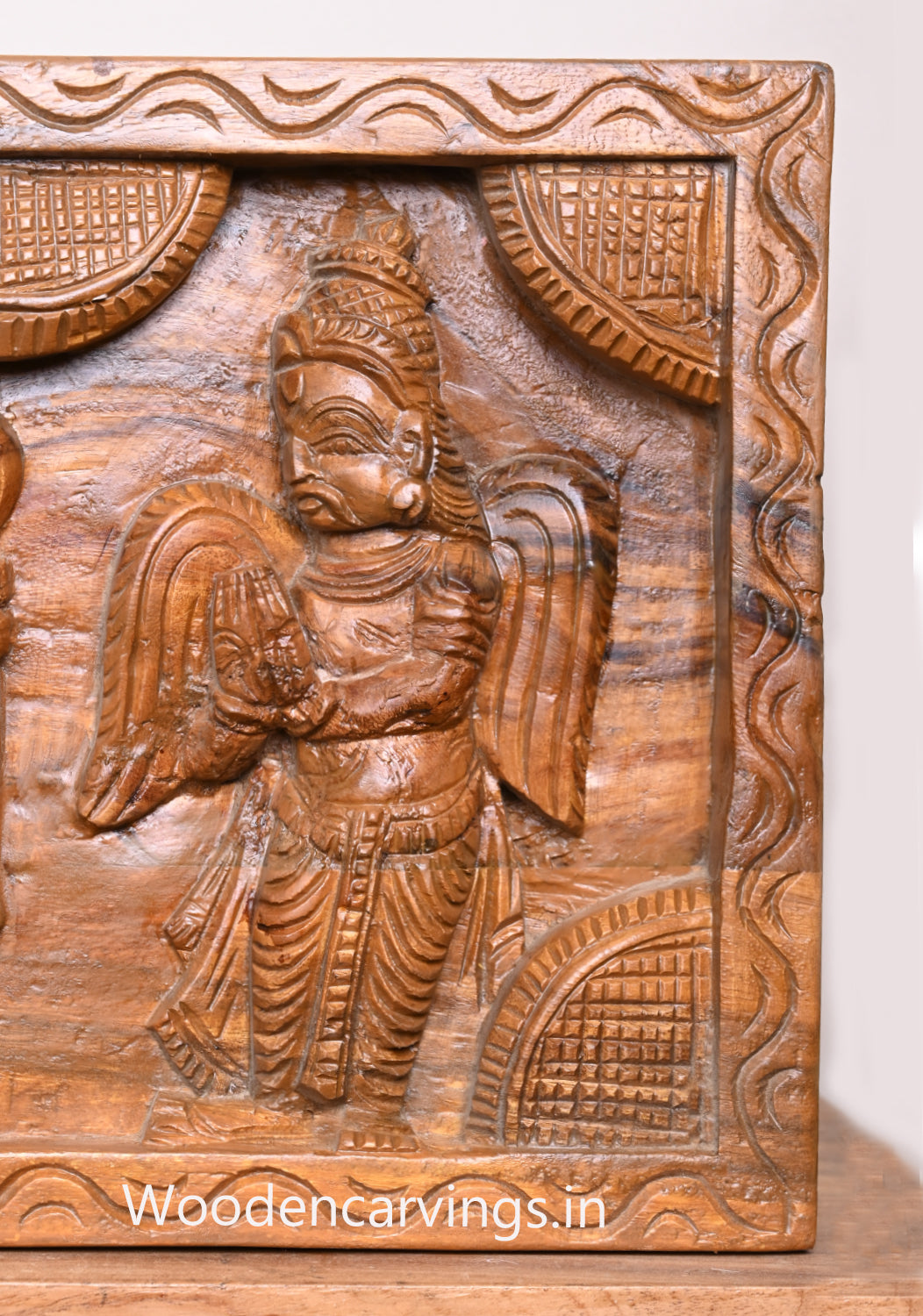 Shri Srinivasa Perumal With Chanku Nama Chakra Hanuman and Garuda Horizontal Polished Wooden Wall Panel 48"