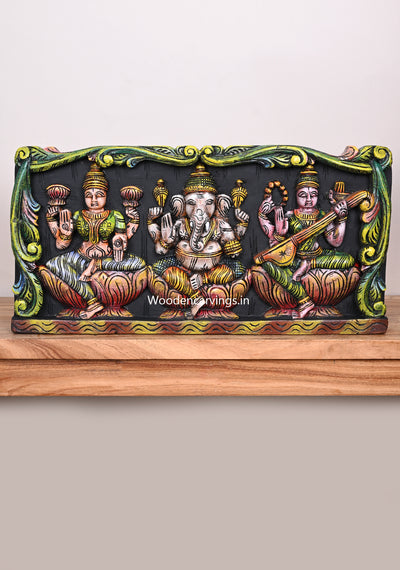 Wooden Light Weight Easy Handled Lord Ganesh With Goddess Lakshmi and Saraswathi Horizontal Coloured Wall Panel 24"