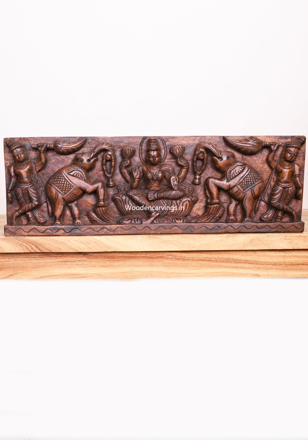 Horizontal Gaja Lakshmi With Upraised Paired Elephants Wooden Wax Brown Hooks Fixed Wall Panel 24"
