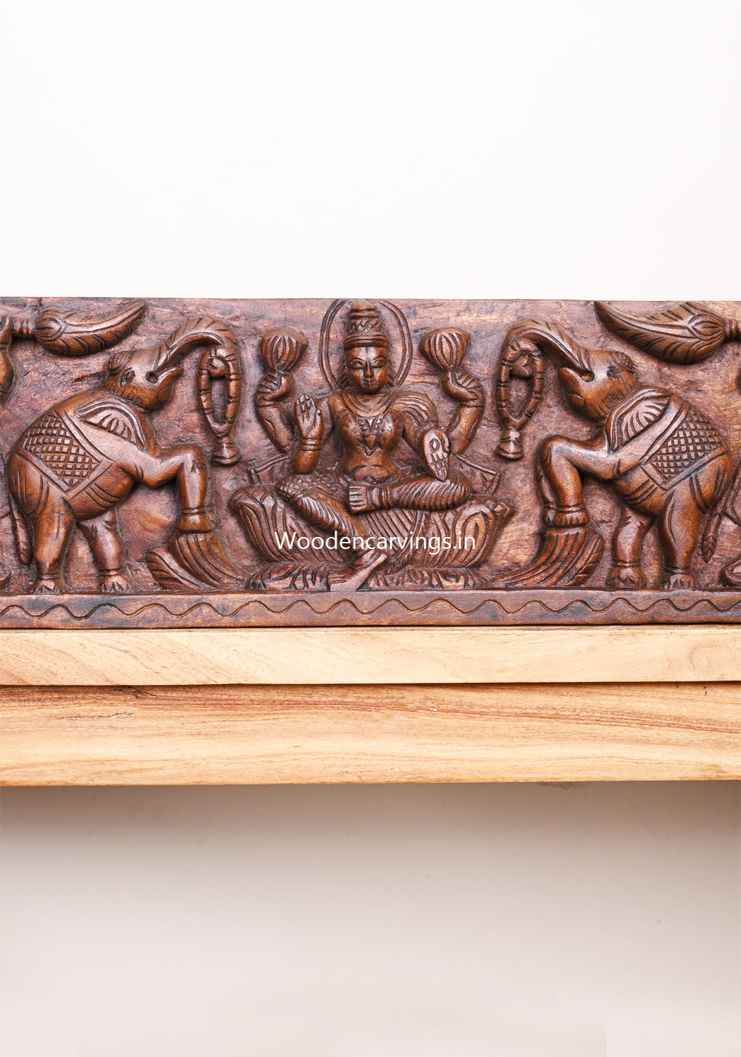 Horizontal Gaja Lakshmi With Upraised Paired Elephants Wooden Wax Brown Hooks Fixed Wall Panel 24"