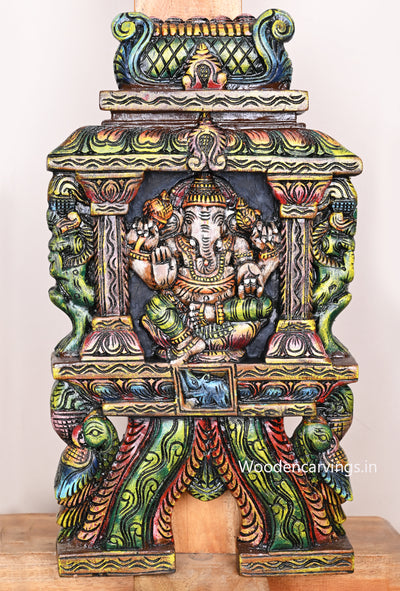 Pillar Ganesha kavadi With Ancient Animal Yaazhi and Paired Parrots Wooden Multicoloured Kavadi Wall Mount 18.5"
