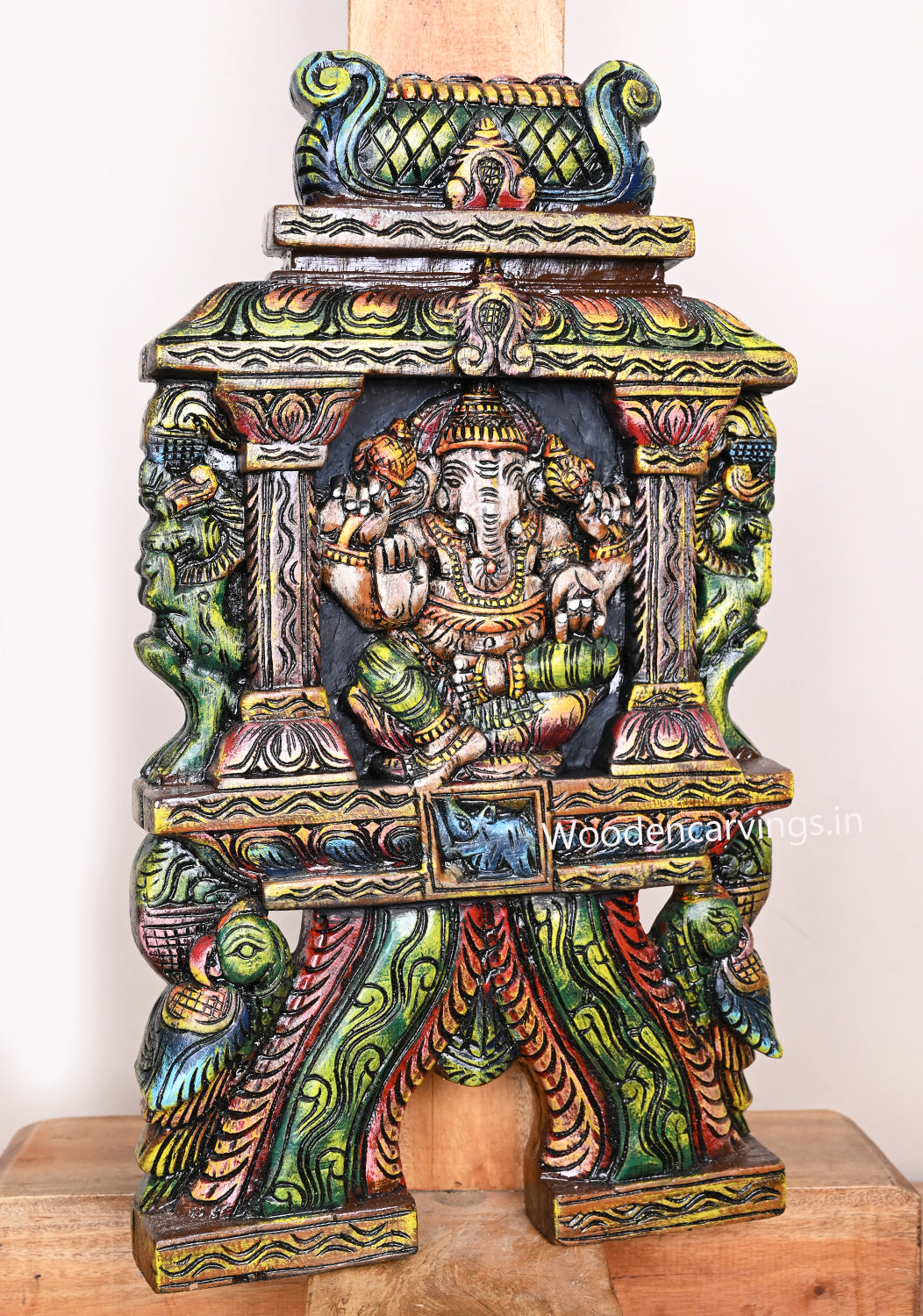 Pillar Ganesha kavadi With Ancient Animal Yaazhi and Paired Parrots Wooden Multicoloured Kavadi Wall Mount 18.5"