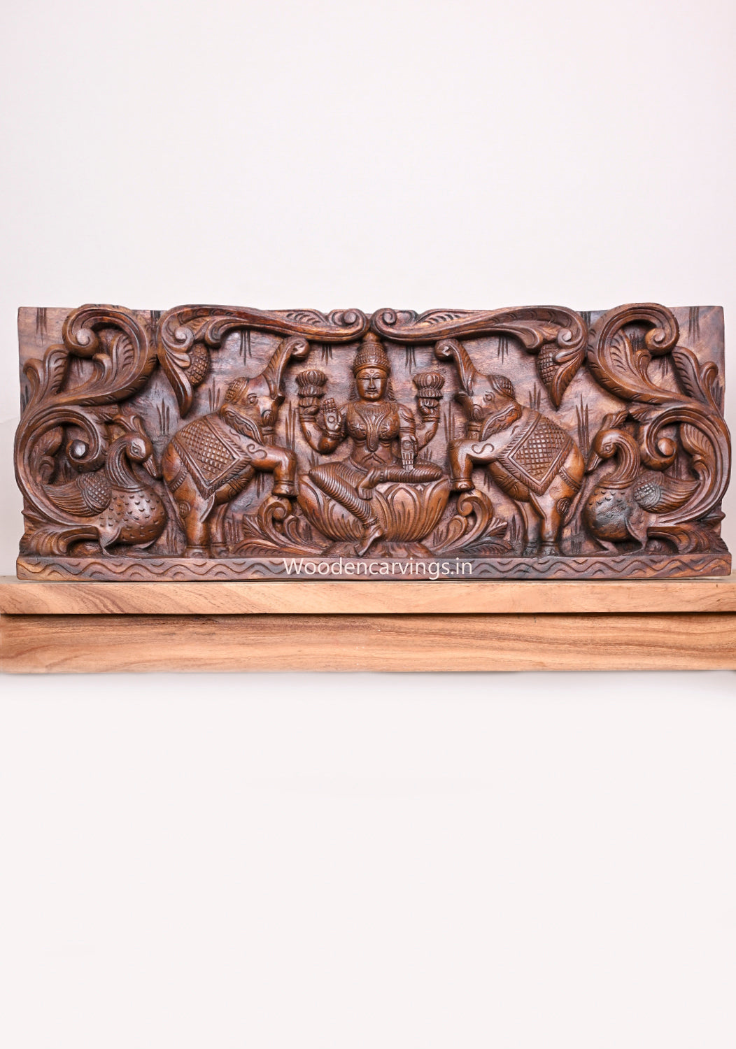 Stunning Peacock Designed Goddess Gajalakshmi With Paired Elephants Entrance Decor Wooden Wax Brown Panel 30.5"