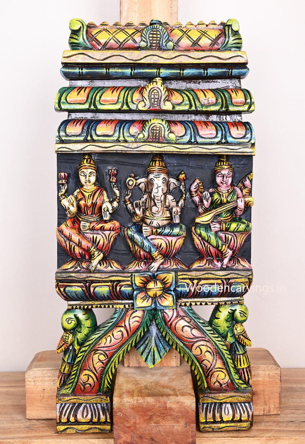 Wooden Goddess Lakshmi With Lord Ganesh and Goddess Saraswathi Horizontal Handmade Kavadi 24.5"