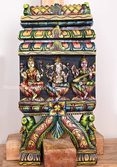 Wooden Goddess Lakshmi With Lord Ganesh and Goddess Saraswathi Horizontal Handmade Kavadi 24.5"