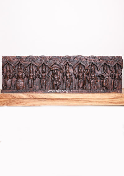Wooden Handcarved Maha Vishnu Avatars Dark Brown Finishing Handmade Horizontal Wooden Wall Panel 36.5"