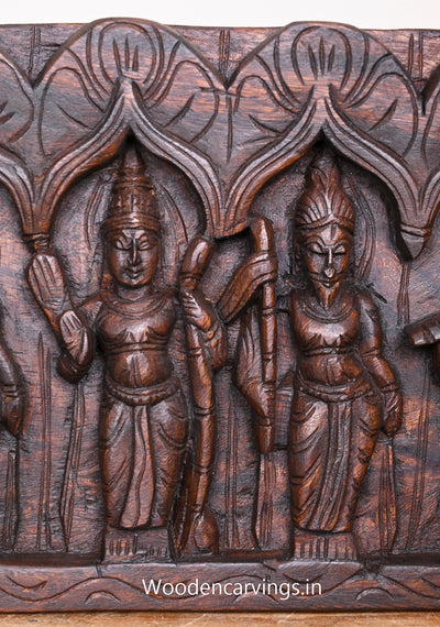 Wooden Handcarved Maha Vishnu Avatars Dark Brown Finishing Handmade Horizontal Wooden Wall Panel 36.5"