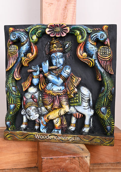 Light Weight Lord Krishna Playing With Flute Peaock Design Square Multicolour Wooden Wall Mount 12.5"
