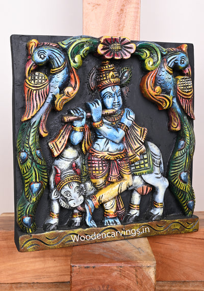 Light Weight Lord Krishna Playing With Flute Peaock Design Square Multicolour Wooden Wall Mount 12.5"