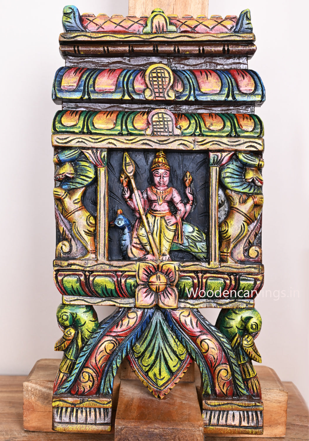 Coloured Lord Muruga Standing With Velayutha Paired Yaazhi With Paired Parrots Wooden Kavadi Wall Mount 24"