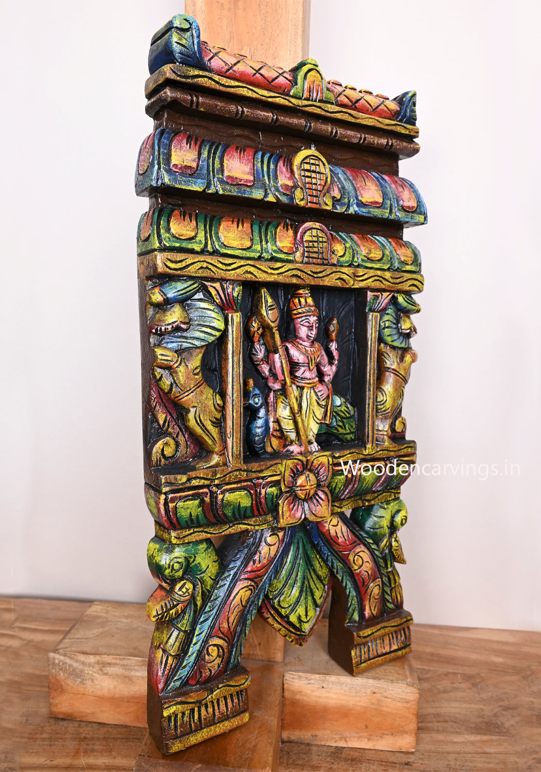 Coloured Lord Muruga Wooden Kavadi Wall Mount with Yaazhi & Parrots  24"