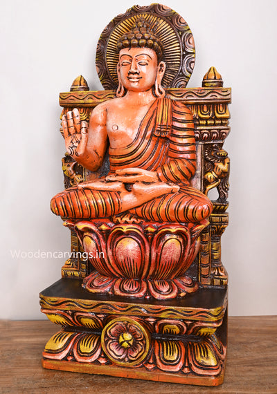 Wooden Orange With Brown Mixed Finishing Lord Buddha Wooden Multicoloured Detaily Carved Sculpture 24"