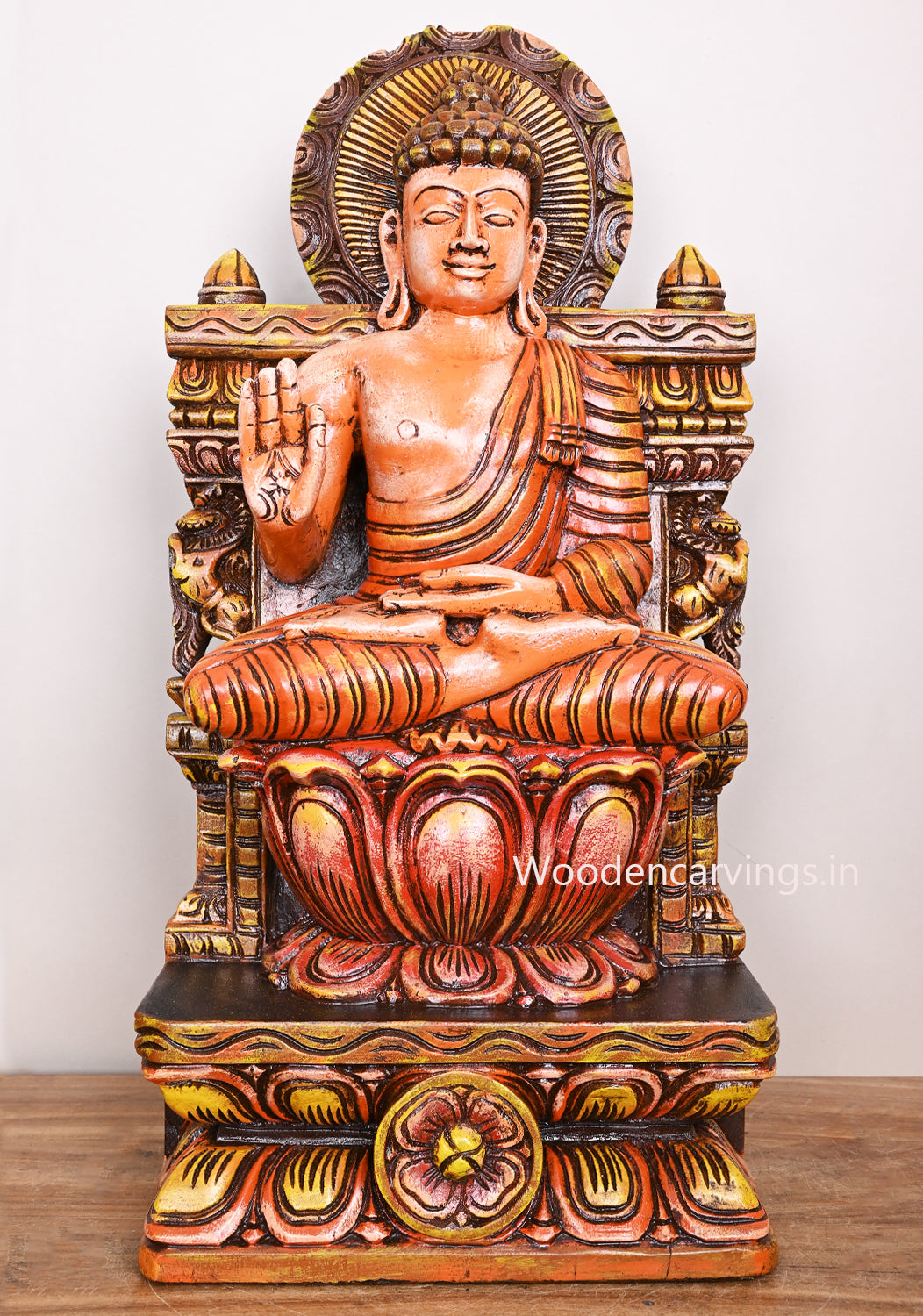 Wooden Orange With Brown Mixed Finishing Lord Buddha Wooden Multicoloured Detaily Carved Sculpture 24"