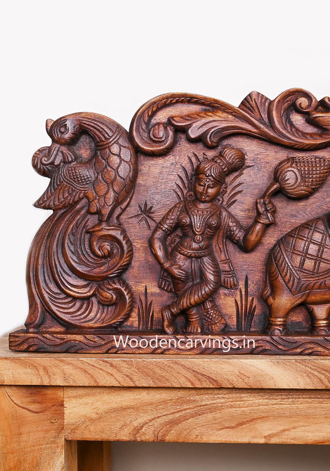 Horizontal Wooden Gaja Ganesha With Sevagars and Hamsa Bird Horizontal Wooden Hooks Fixed Wall Panel 48"