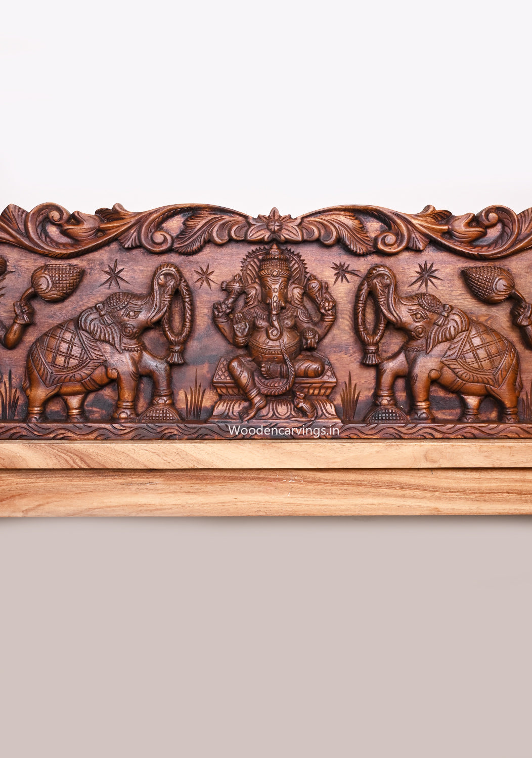 Horizontal Wooden Gaja Ganesha With Sevagars and Hamsa Bird Horizontal Wooden Hooks Fixed Wall Panel 48"