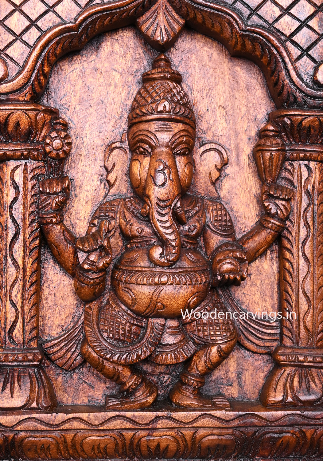 Vertical Asta Ganesha Handmade Wax Brown Peacock Designed Decorative Entrance Decor Wall Panel 48"